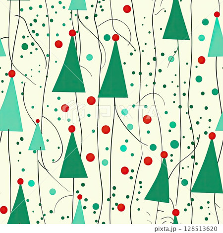 Teal and red Christmas trees with dot designs on a white background create a cheerful seamless pattern for holiday festivities. 128513620
