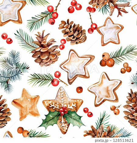 Seamless watercolor pattern of holly leaves, pine cones, red berries, and gingerbread cookies, ideal for creating Christmas-themed art. 128513621