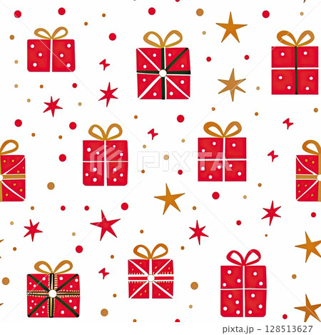Simple shapes of red Christmas gifts and red and gold stars on a white background, creating a seamless pattern perfect for holiday wrapping. 128513627
