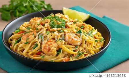Delicious Pad Thai Stir Fried Noodles with Shrimp and Peanuts Garnished with Fresh Herbs and Lime Slice 128513658