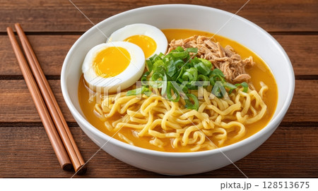 Delicious Ramen Bowl with Soft Boiled Eggs, Tender Meat, Fresh Greens, and Flavorful Broth Ready to Enjoy 128513675