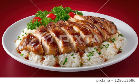 Grilled Chicken Breast Glazed with Sweet Teriyaki Sauce Served on Rice with Fresh Herbs and Cherry Tomatoes 128513696