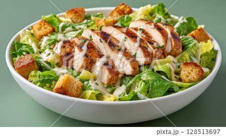 Fresh Grilled Chicken Caesar Salad with Crisp Romaine, Croutons, and Creamy Dressing in a Modern Bowl Presentation 128513697