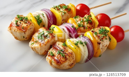 Grilled Chicken Kebabs on Skewers with Colorful Vegetables and Fresh Herbs Ready for a Delicious Meal 128513709