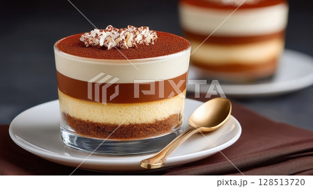 Deliciously Layered Coffee Dessert Served in Glass for Elegant Dessert Presentation and Indulgent Treats 128513720