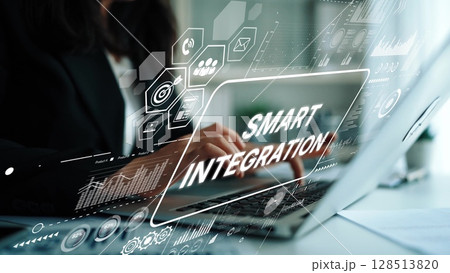 Business professional using laptop with data visualization and smart integration concept in a modern workspace setting. Asymptotic smart data analytic Business professional using laptop with data visualization and smart integration concept in a modern workspace setting. Asymptotic smart data analytic 128513820
