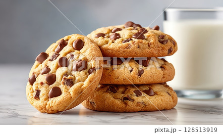 Freshly Baked Chocolate Chip Cookies Stacked High Next to a Glass of Milk on a Sparkling Marble Surface 128513919