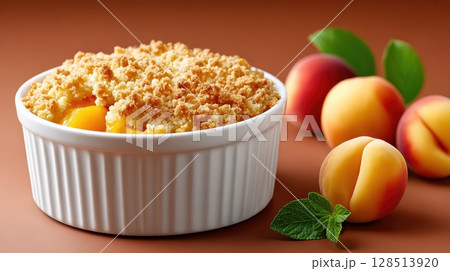 Fresh Peach Cobbler with Crispy Topping in White Dish Surrounded by Juicy Peaches and Mint Leaves 128513920