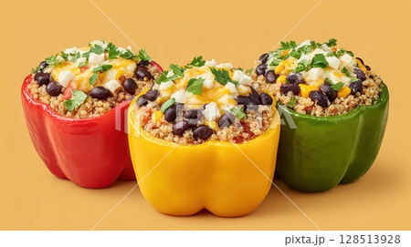 Colorful Stuffed Bell Peppers Filled with Quinoa, Black Beans, Cheese, and Fresh Herbs on a Vibrant Background 128513928