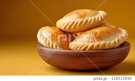 Golden-brown Empanadas in Wooden Bowl Against a Vibrant Yellow Background 128513930