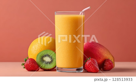 Refreshing Fruit Smoothie with Kiwi, Mango, Orange, and Strawberries on a Stylish Background Refreshing Fruit Smoothie with Kiwi, Mango, Orange, and Strawberries on a Stylish Background 128513933