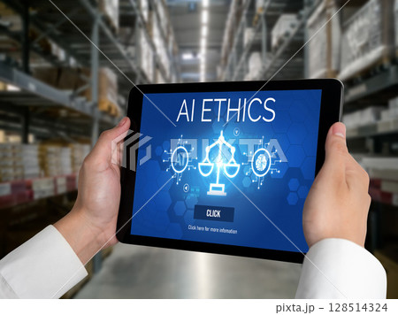 AI ethics responsibility standard law and rules on computer screen brisk 128514324