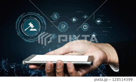 Digital law interface displaying justice scale, highlighting digital law Muxer 128514399