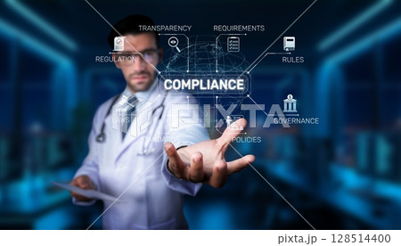 Doctor or healthcare professional presenting compliance and regulations related to health care, showcasing transparency, governance, and requirements in a modern setting. PHMT Doctor or healthcare professional presenting compliance and regulations related to health care, showcasing transparency, governance, and requirements in a modern setting. PHMT 128514400