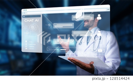 Doctor using virtual reality technology to interact with AI chat interface for patient care and consultation in a futuristic medical environment. PHMT 128514424