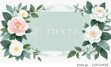 冬植物の装飾フレーム｜手描き風椿の花モチーフ入り 128514426