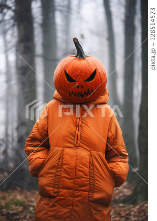 Portrait of a girl in orange jacket with a in carved pumpkin mask Portrait of a girl in orange jacket with a in carved pumpkin mask 128514573