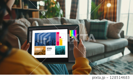 Graphic designer software for modern design of web page and commercial brisk ads 128514683