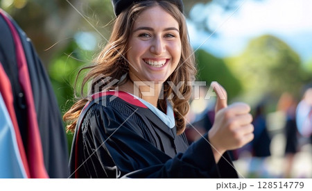 Victory Pose: Close-Up of Graduate Smiling and Showing a Thumbs Up 128514779