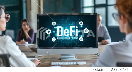 Decentralized finance or DeFi concept on brisk computer screen 128514786