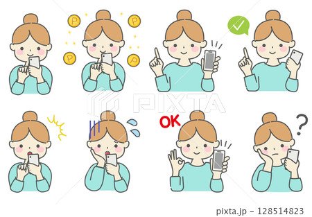 スマートフォンを持った女性の色々な表情セット 128514823