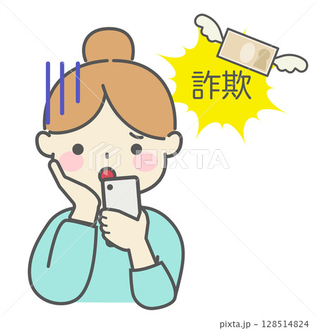 ネットの詐欺に遭って困っている女性のイラスト 128514824