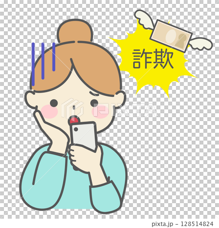 ネットの詐欺に遭って困っている女性のイラスト 128514824