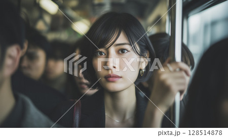 女性が満員電車に静かにうんざりしているリアルな通勤風景 128514878