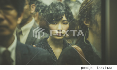 女性が満員電車に静かにうんざりしているリアルな通勤風景 女性が満員電車に静かにうんざりしているリアルな通勤風景 128514881