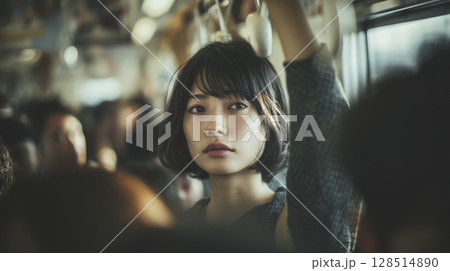女性が満員電車に静かにうんざりしているリアルな通勤風景 128514890