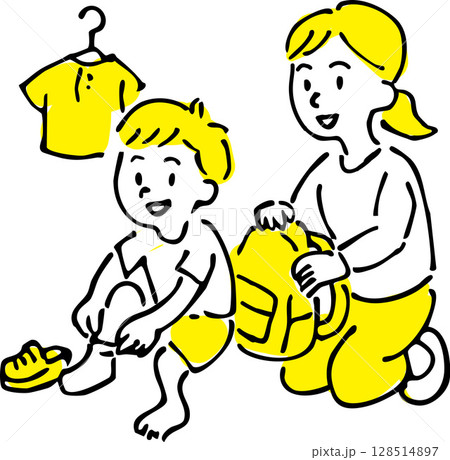 朝の準備をする親子のイラスト 朝の準備をする親子のイラスト 128514897