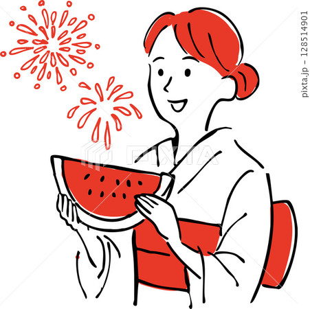 Woman in Yukata with Watermelon and Fireworks Woman in Yukata with Watermelon and Fireworks 128514901