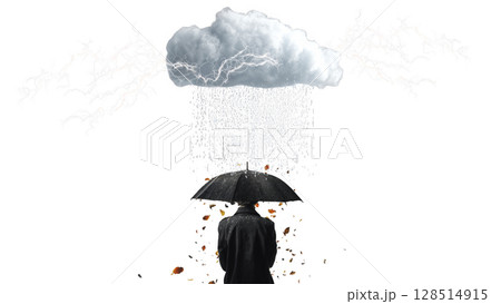 Man in a coat holds an umbrella as rain falls, created with AI, PNG Man in a coat holds an umbrella as rain falls, created with AI, PNG 128514915