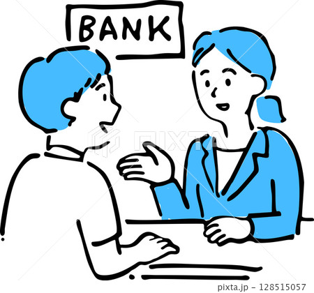 銀行窓口で相談する男性と笑顔で対応する女性スタッフのイラスト 銀行窓口で相談する男性と笑顔で対応する女性スタッフのイラスト 128515057