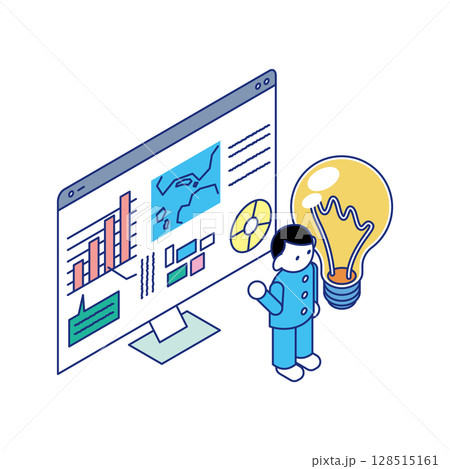 モニターのグラフや地図を見ながらアイデアを発表する子どものアイソメイラスト 128515161