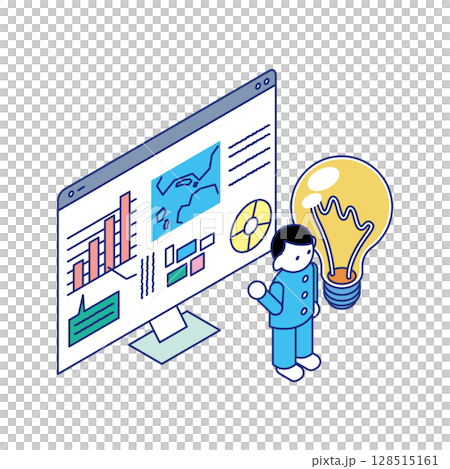 モニターのグラフや地図を見ながらアイデアを発表する子どものアイソメイラスト 128515161