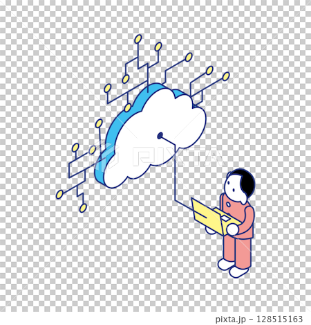 Isometric illustration of children connecting to the cloud | Information education / IT learning material 128515163