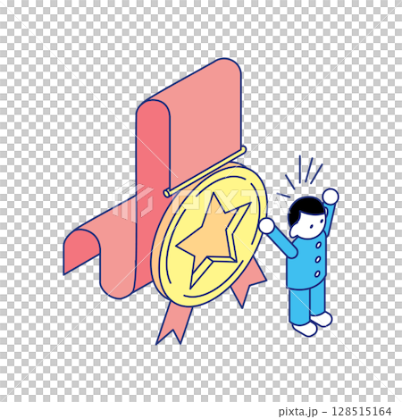 Isometric illustration of a child rejoicing in front of a gold medal Isometric illustration of a child rejoicing in front of a gold medal 128515164
