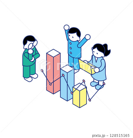 グラフを見ながら議論・分析・喜ぶ子どもたちのアイソメイラスト グラフを見ながら議論・分析・喜ぶ子どもたちのアイソメイラスト 128515165