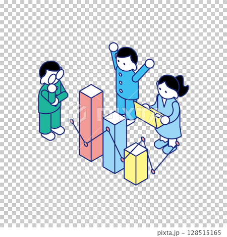 Isometric illustration of children discussing, analyzing and rejoicing while looking at graphs 128515165