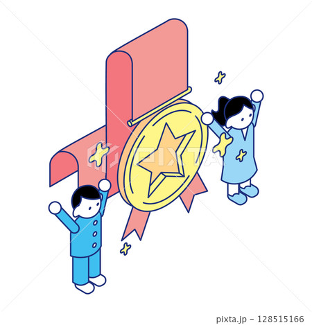 金メダルの前で喜ぶ子どもたちのアイソメトリックイラスト 128515166