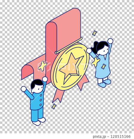 孩子們在金牌前慶祝的等距插圖 孩子們在金牌前慶祝的等距插圖 128515166