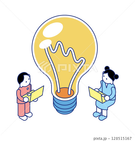 大きな電球の前でノートパソコンを使う2人の子どものアイソメイラスト 大きな電球の前でノートパソコンを使う2人の子どものアイソメイラスト 128515167