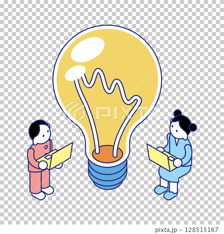 Isometric illustration of two children using a laptop in front of a large light bulb Isometric illustration of two children using a laptop in front of a large light bulb 128515167