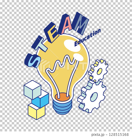STEAMの文字と電球・歯車・ブロックで構成された教育コンセプトのアイソメイラスト 128515168