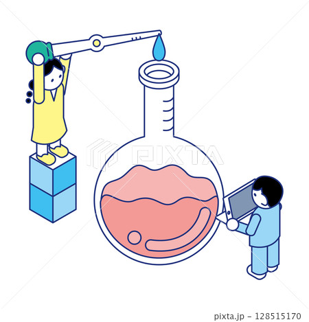 理科実験に取り組む子どもたち｜観察と記録の教育イメージのアイソメイラスト 128515170