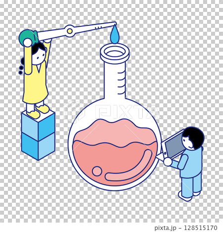 理科実験に取り組む子どもたち｜観察と記録の教育イメージのアイソメイラスト 128515170