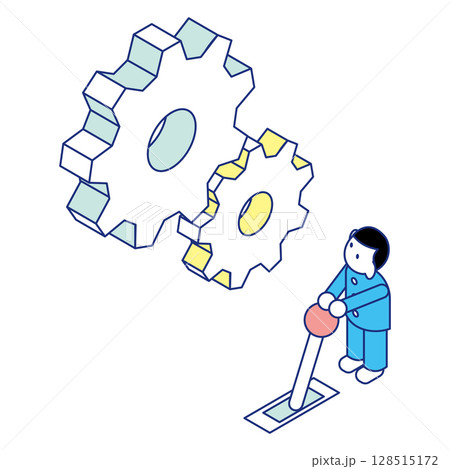 工学的な学びに取り組む子ども|歯車とノートパソコンのアイソメイラスト 工学的な学びに取り組む子ども|歯車とノートパソコンのアイソメイラスト 128515172