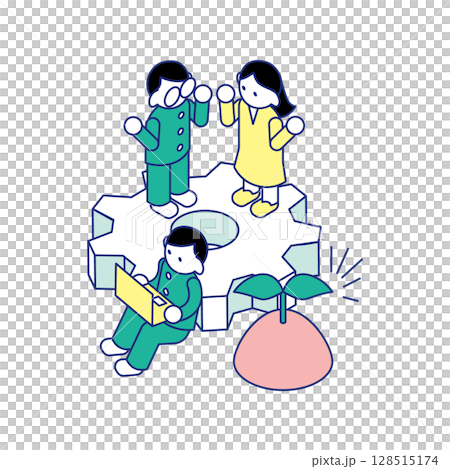 工学的な学びに取り組む子どもたち｜歯車とノートパソコンのアイソメイラスト 128515174