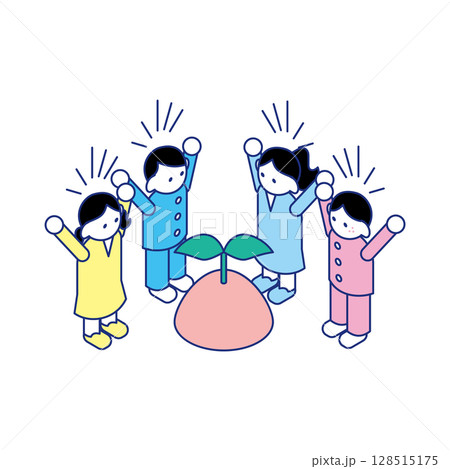 アイデアの芽が出たことを喜ぶ子どもたちのアイソメトリックイラスト 128515175